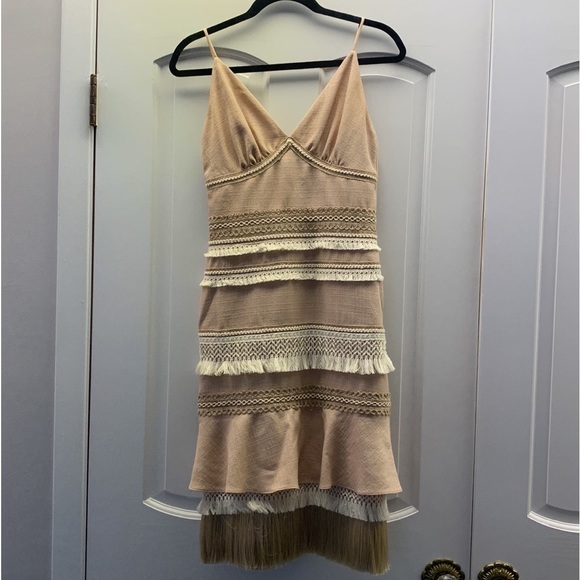 PatBO Fringe Trim Ruffle Linen Mini knee length Dress sand size 36 US 4 new - Picture 6 of 10